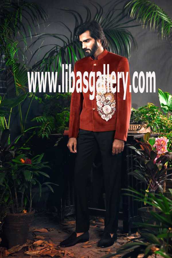 Indo Western Sherwani Style for Groom 2017 in Velvet with Embroidery on Front with Inner Suit UK,USA,Canada,Saudi Arabia,Mauritius Indo Western Sherwani Style for Groom 2017 in Velvet with Embroidery on Front with Inner Suit UK,USA,Canada,Saudi Arabia,Mauritius