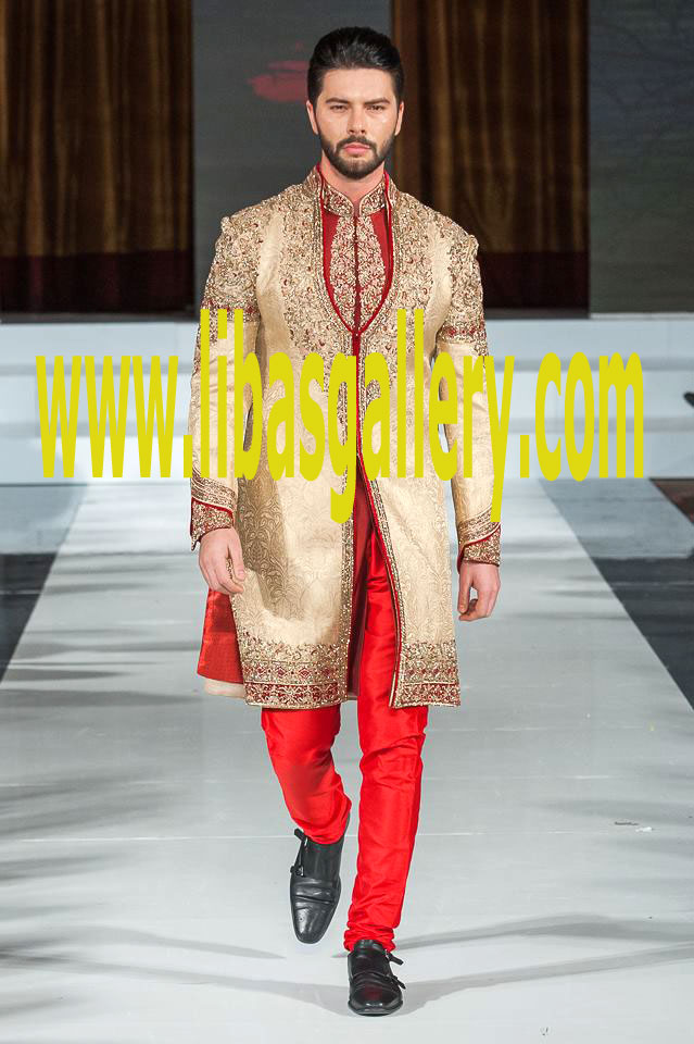 Angrakha Style Golden Groom Sherwani with Red pajama Trouser and Inner suit and matching 