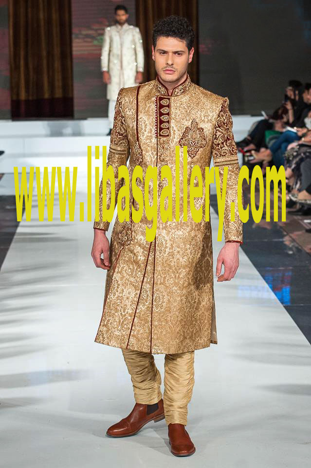 Golden Sherwani outfit for Young Groom Wedding Day Nikah Day Shadi day