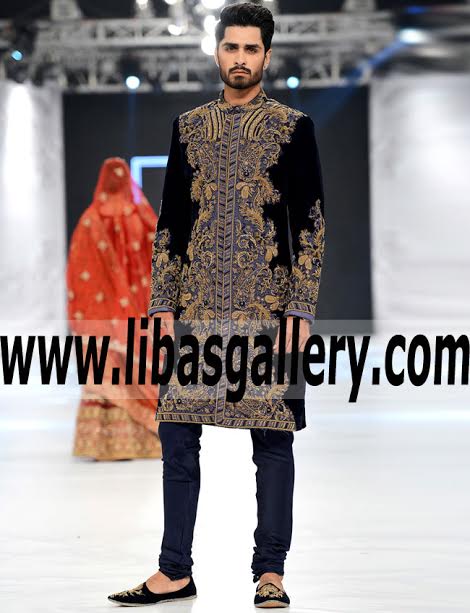 Sherwani Kingdom Collection 2017 Designer Sherwani Custom made for Dulha Nosha in Highest Quality Camel Velvet for Groom UK United kingdom