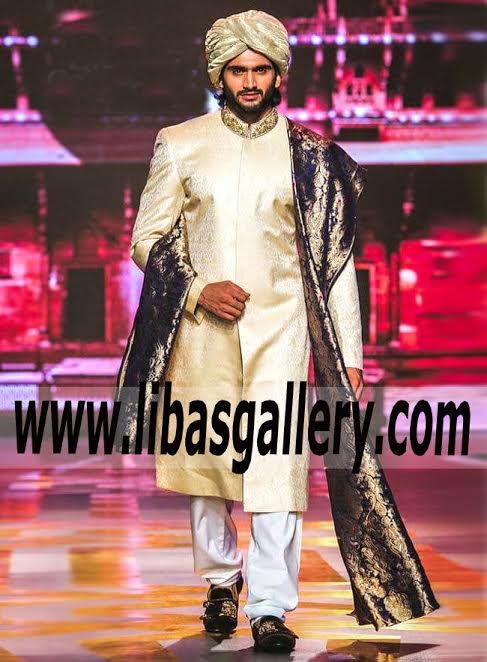 Silk Wedding Sherwani Raw Silk Groom Sherwani 2017 with Safa Turban Pagri Pre tied big size with White shalwar and black shoes on Ramp Brisbane Australia Silk Wedding Sherwani Raw Silk Groom Sherwani 2017 with Safa Turban Pagri Pre tied big size with White shalwar and black shoes on Ramp Brisbane Australia