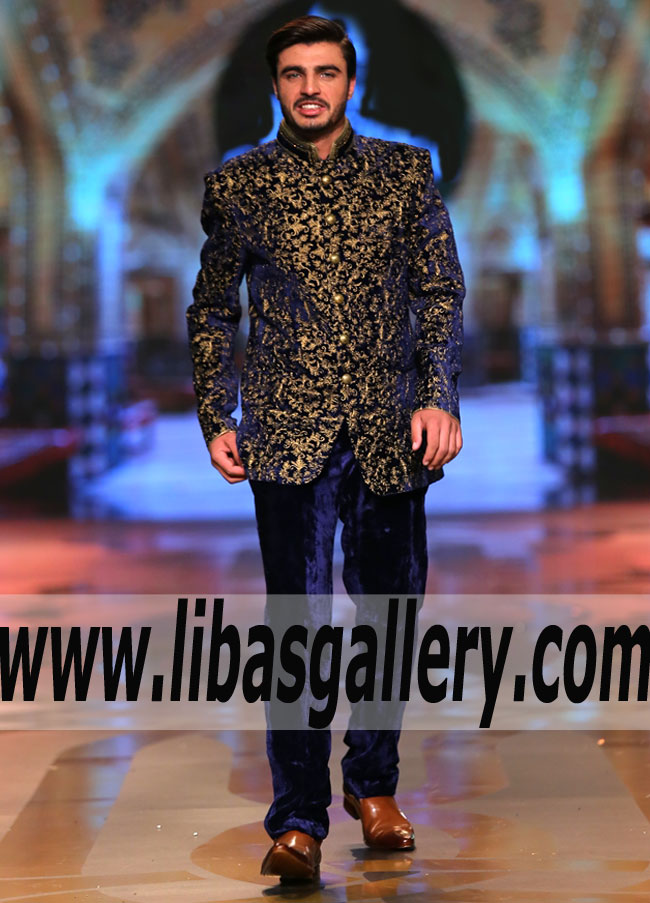Embroidered prince coat in pure velvet from Ziggi custom made slim fit groom nikah barat prince suit France Germany Qatar ksa