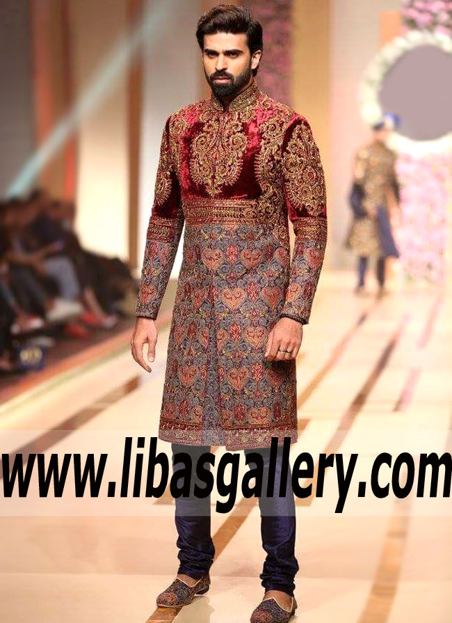 mid night blur raw silk and velvet embroidered men sherwani for nikah and barat Sheffield Bradford UK mid night blur raw silk and velvet embroidered men sherwani for nikah and barat Sheffield Bradford UK