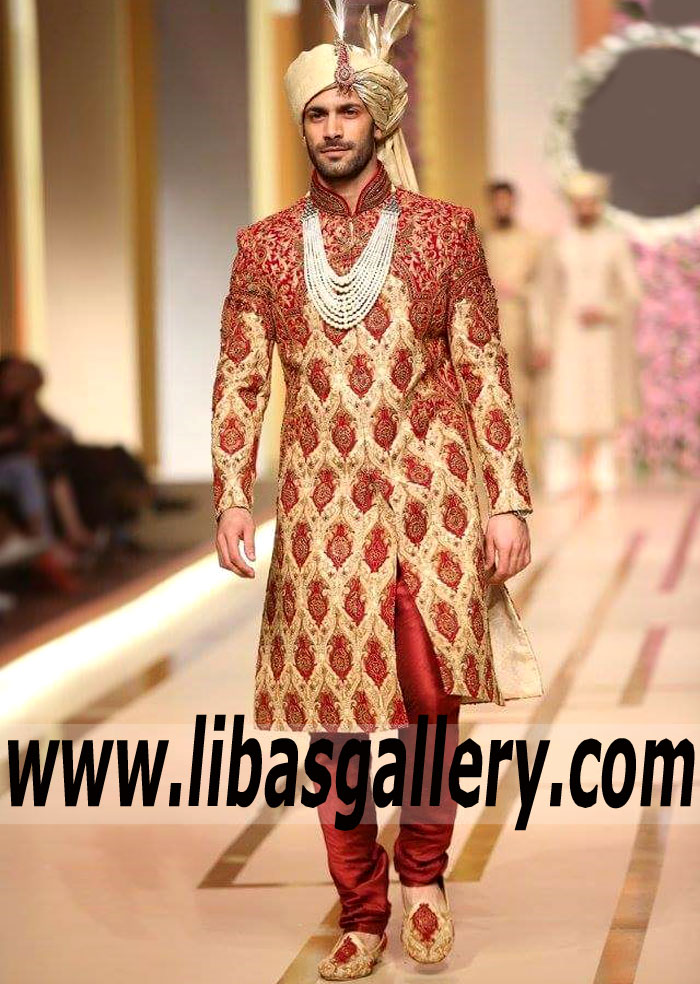Show Stopper Wedding Sherwani jamawar burlywood color collar cuff hand work worldwide delivery glasgow birmingham UK Show Stopper Wedding Sherwani jamawar burlywood color collar cuff hand work worldwide delivery glasgow birmingham UK
