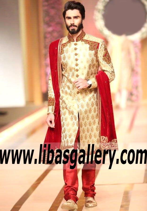 Modern Style groom jamawar sherwani to catch attention in wedding hall custom made hand work Toronto Mississauga Canada Modern Style groom jamawar sherwani to catch attention in wedding hall custom made hand work Toronto Mississauga Canada