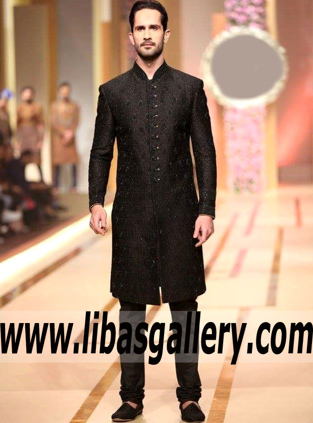 graceful wedding sherwani for men black jamawar fabric work on collar beautifully Orlando Colorado USA graceful wedding sherwani for men black jamawar fabric work on collar beautifully Orlando Colorado USA