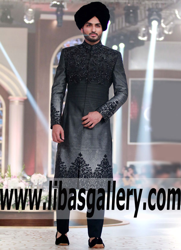 Book your order for pure raw silk black sherwani with same black hand embellishment kora dabka thread for nikah barat uk usa canada dubai australia Book your order for pure raw silk black sherwani with same black hand embellishment kora dabka thread for nikah barat uk usa canada dubai australia