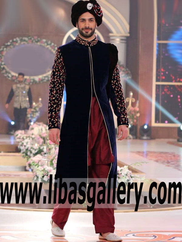 Bakra Eid Wedding Sherwani in Blue velvet front open sherwani with matching turban and khussa embroidered OSLO Bergen Trondheim Norway
