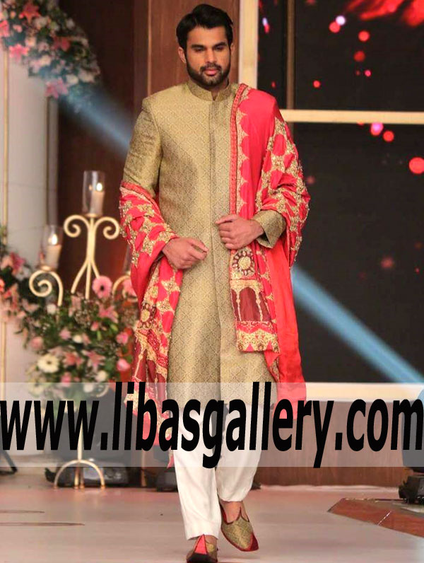 Golden Embroidered Sherwani outfit Self Jamawar fabric Design for Groom Dulha Jamai Raja Nosha with off white shalwar bottom Winnipeg Quebec Canada Golden Embroidered Sherwani outfit Self Jamawar fabric Design for Groom Dulha Jamai Raja Nosha with off white shalwar bottom Winnipeg Quebec Canada
