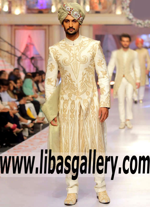 Groom Heavy Embroidered Sherwani Suit in Raw silk with Turban Khussa Birmingham Bristol London UK Groom Heavy Embroidered Sherwani Suit in Raw silk with Turban Khussa Birmingham Bristol London UK