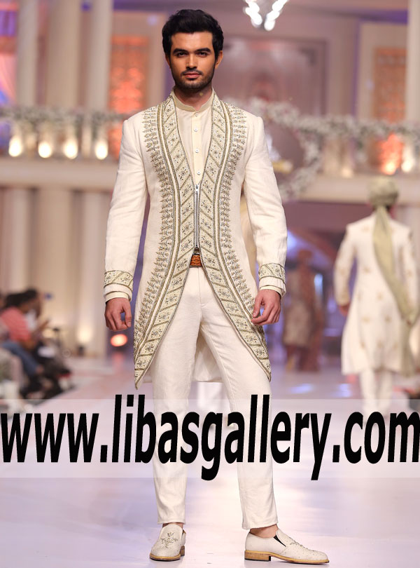White Sherwani Indo Western Style zardozi hand work paired with pants for Groom Nikah barat Event UK USA New zealand White Sherwani Indo Western Style zardozi hand work paired with pants for Groom Nikah barat Event UK USA New zealand