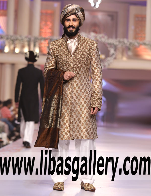 Wedding Cloth Online store presenting Champagne Jamawar Sherwani with Turban Silk Scard Portsmouth Glasgow UK Wedding Cloth Online store presenting Champagne Jamawar Sherwani with Turban Silk Scard Portsmouth Glasgow UK