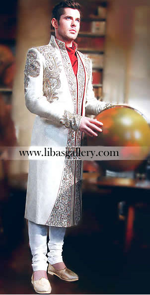 offwhite sherwani with red stole,offwhite sherwani with churidar,double layered sherwani bright shades