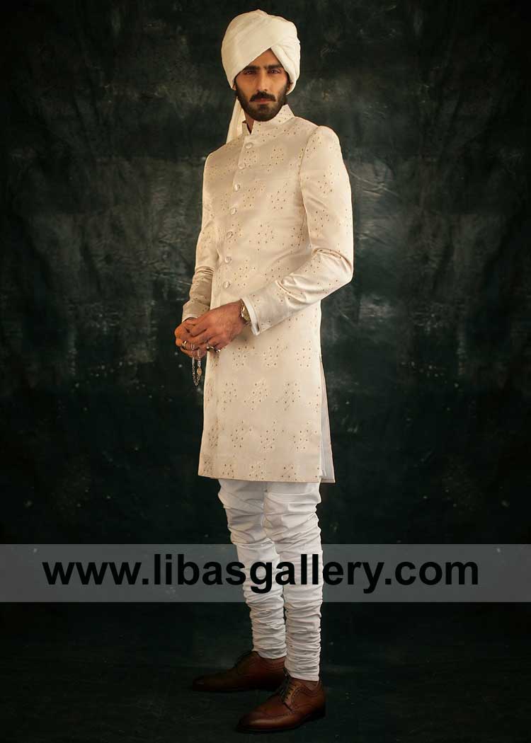 smail Farid peacock jacquard Groom Sherwani off white churidar Turban london Southhall UK