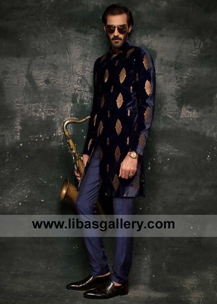 Navy Blue Velvet Sherwani Ismail Farid gold embroidery for Groom blue pajama New Jersey NJ USA