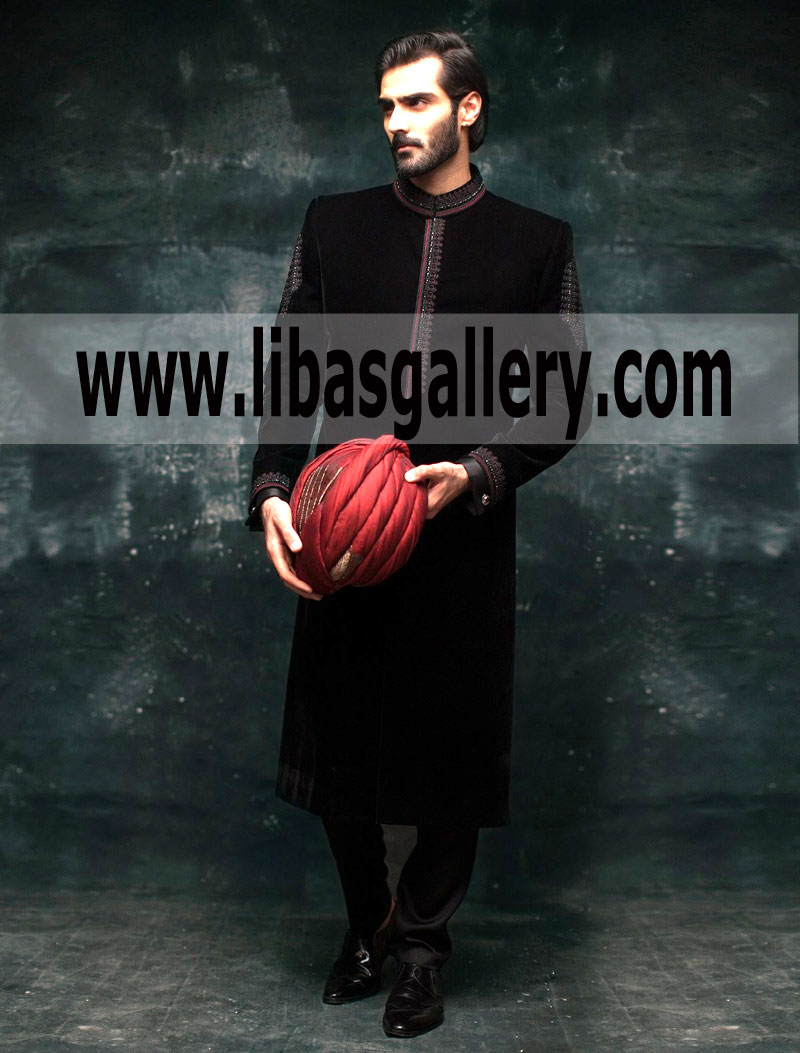 Black Top Class Velvet Wedding Sherwani Winter Ismail Farid Maroon Turban pre tied Chicago Des plaines Illinois USA
