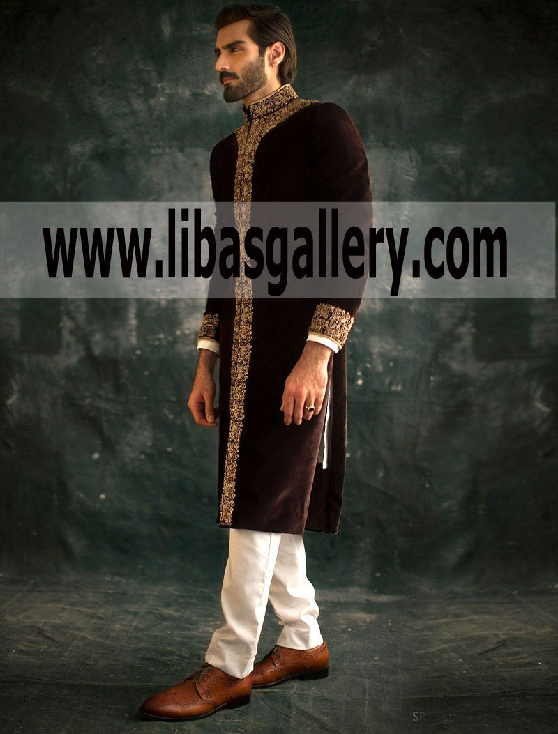 Velvet Embroidered Maroon Winter Sherwani Ismail Farid  men`s designer Pakistan best article Saudi Arabia Qatar Riyadh