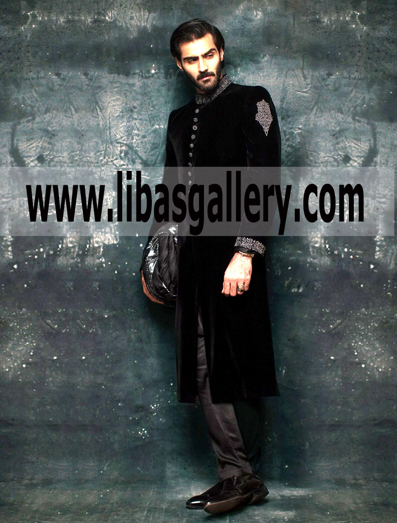 Sherwani Pakistani Black Velvet Embroidery on Collar Cuff Sleeves Groom Dulha Article California Texas USA