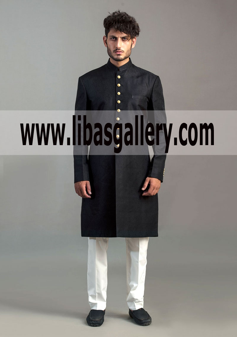 Amir Adnan Black most demanding new Jamawar Wedding Sherwani Groom Dulha UK USA Canada