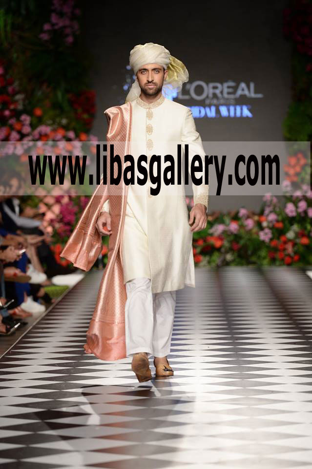 Off white Wedding Sherwani zardozi work on collar cuff Turban pre tied Dubai UAE Dirham Off white Wedding Sherwani zardozi work on collar cuff Turban pre tied Dubai UAE Dirham