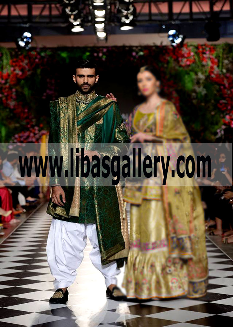 Green wedding sherwani with Patiala style broad white shalwar short length groom sherwani nikah Dubai UAE Sherwani