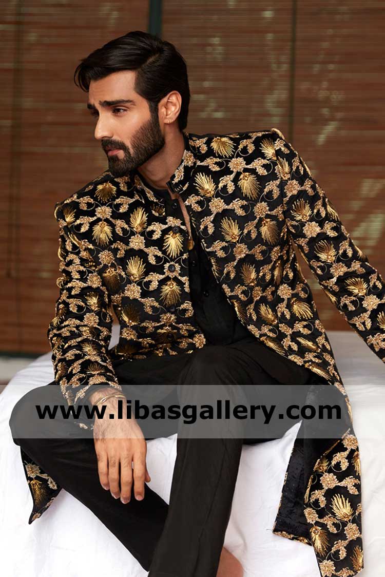 Black Velvet Groom Sherwani with Gold Embroidered surface buy men sherwani for wedding nikah day Toronto Vancouver Montreal Canada