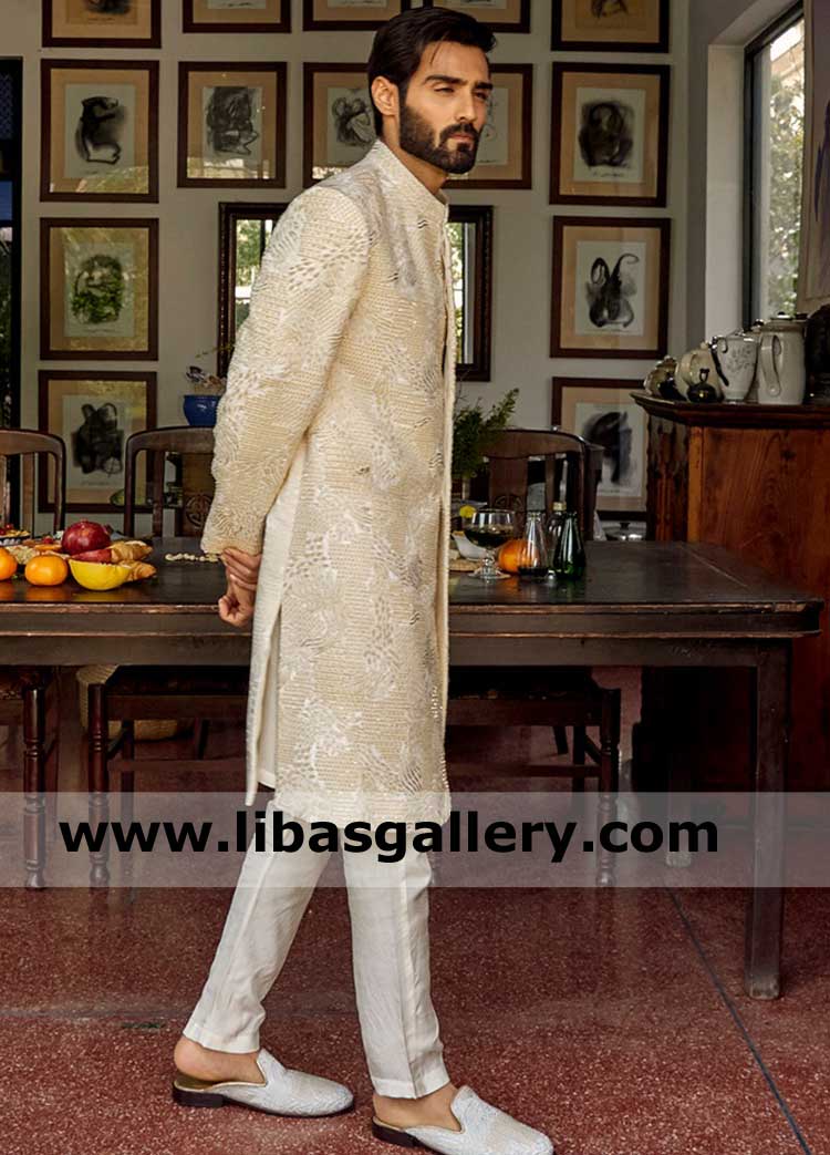 Pearl White Karandi Fabric Men Wedding Sherwani Suit with Abstract pattern Fancy hand embroidered surface Peterborough Plymouth UK