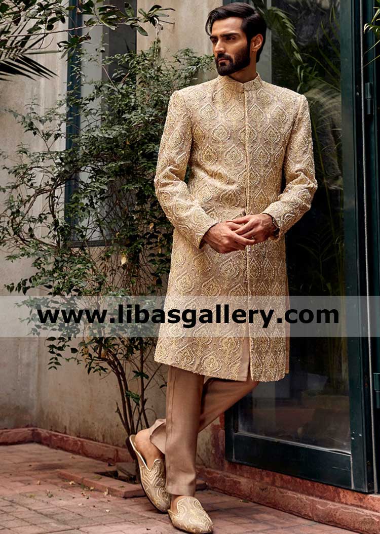 Gold Designer Men Sherwani in Karandi with Damask Fancy hand Embellishment and hidden button closure Achkan for Nikah barat Toronto New york Perth