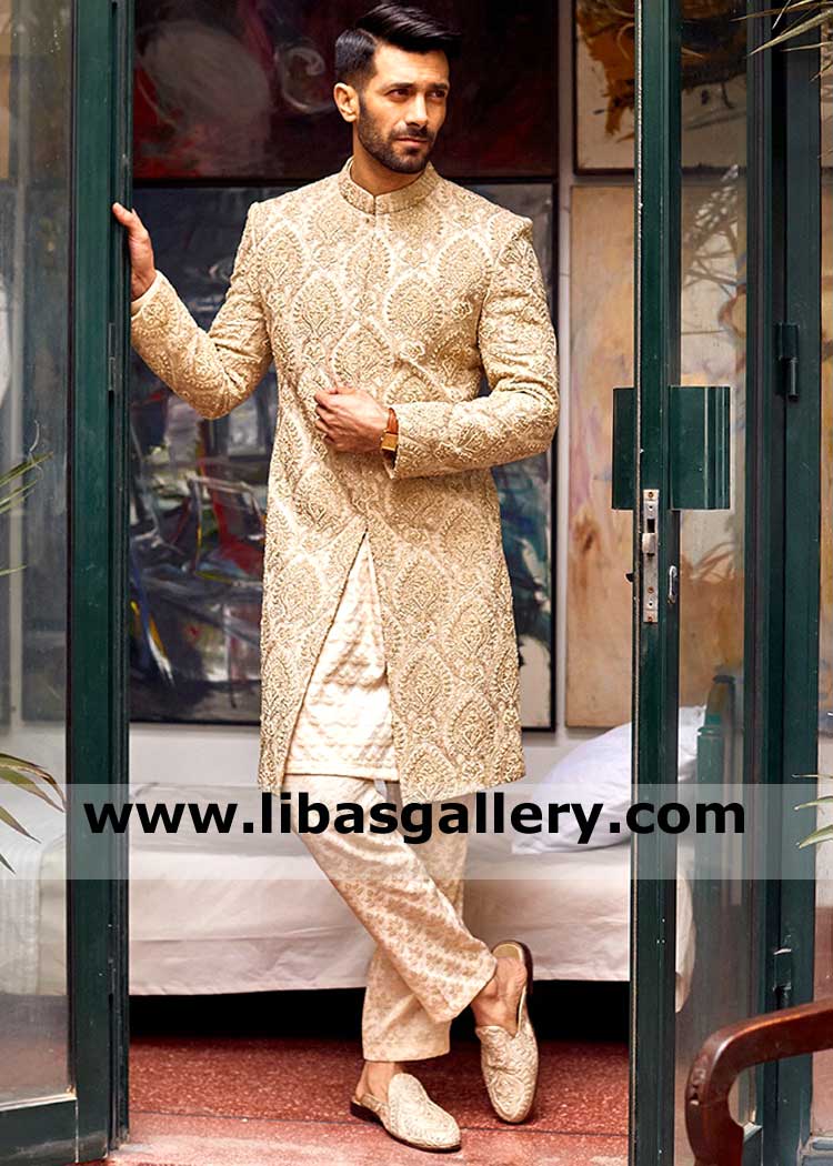 Latest luxury Men Sherwani beige for wedding with Damask Embroidered pattern suitable for Nikah barat day Japan Italy Spain saudi arabia
