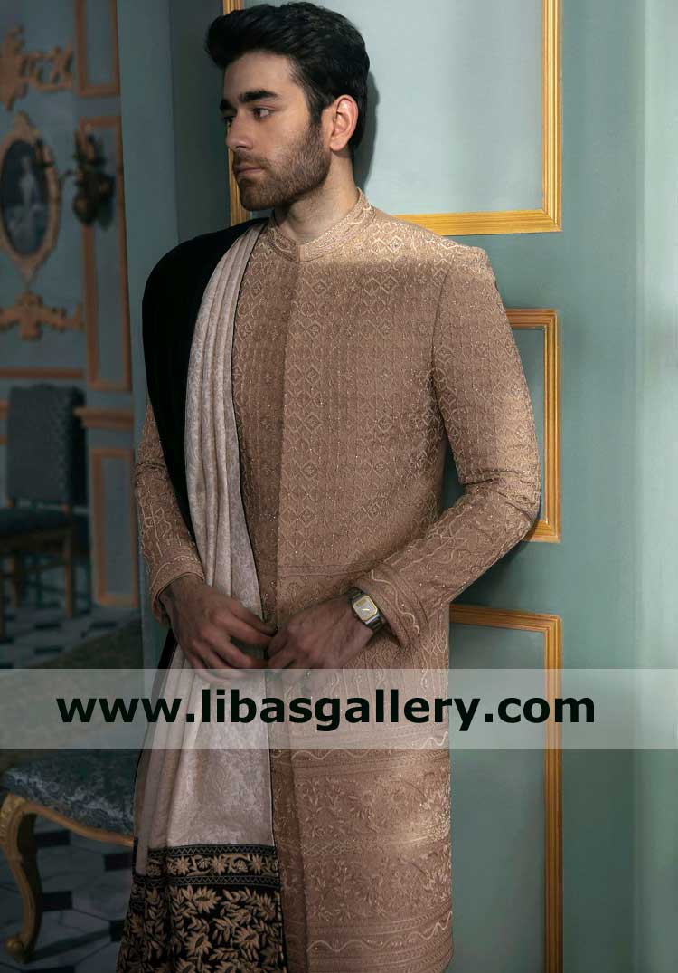 Geometric Inspired Beige luxury Men Wedding sherwani Style in Raw silk hand embellishment heavy pattern for Nikah Barat Perth Brisbane Australia