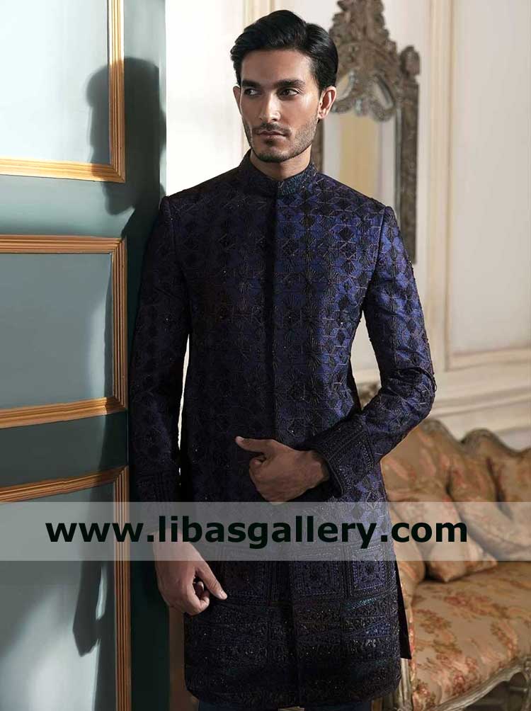 Midnight Blue Men Sherwani with Sun Rays and Geometric Inspired Ornaments on Jamawar buy online for Nikah barat Germany France Malaysia