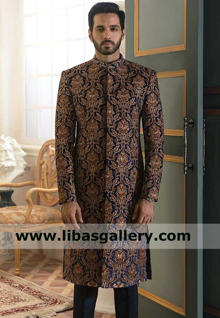 Blue Damask Hand Embellished Velvet Fabric Men Wedding Sherwani with Detailed Surface in Bronze Color Detroit Boston Seattle USA