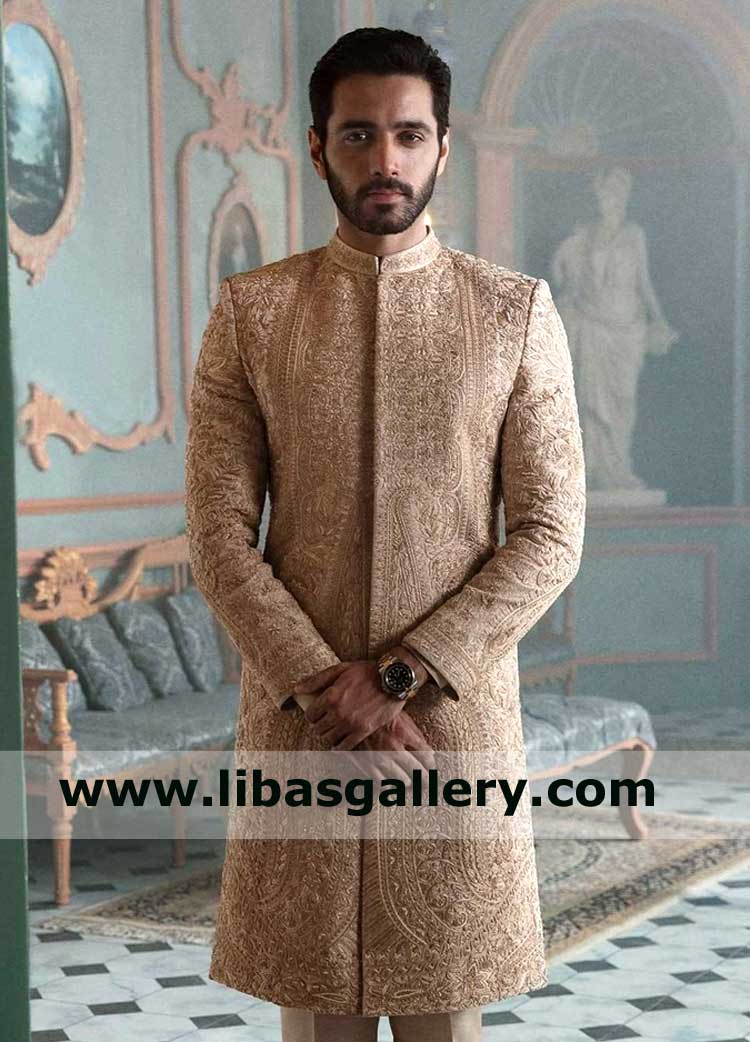 Beige Hand Embroidered Men Jamawar Sherwani for Wedding Nikah Barat Surface in Tones of Beige Silk Thread Embroidery UK USA Canada