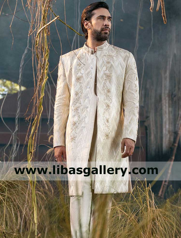 Men Sherwani Off White Chevron Embroidery With Floral Hand Embroidered Motifs On Jamawar Fabric paired with inner Plymouth Luton Wolverhampton UK