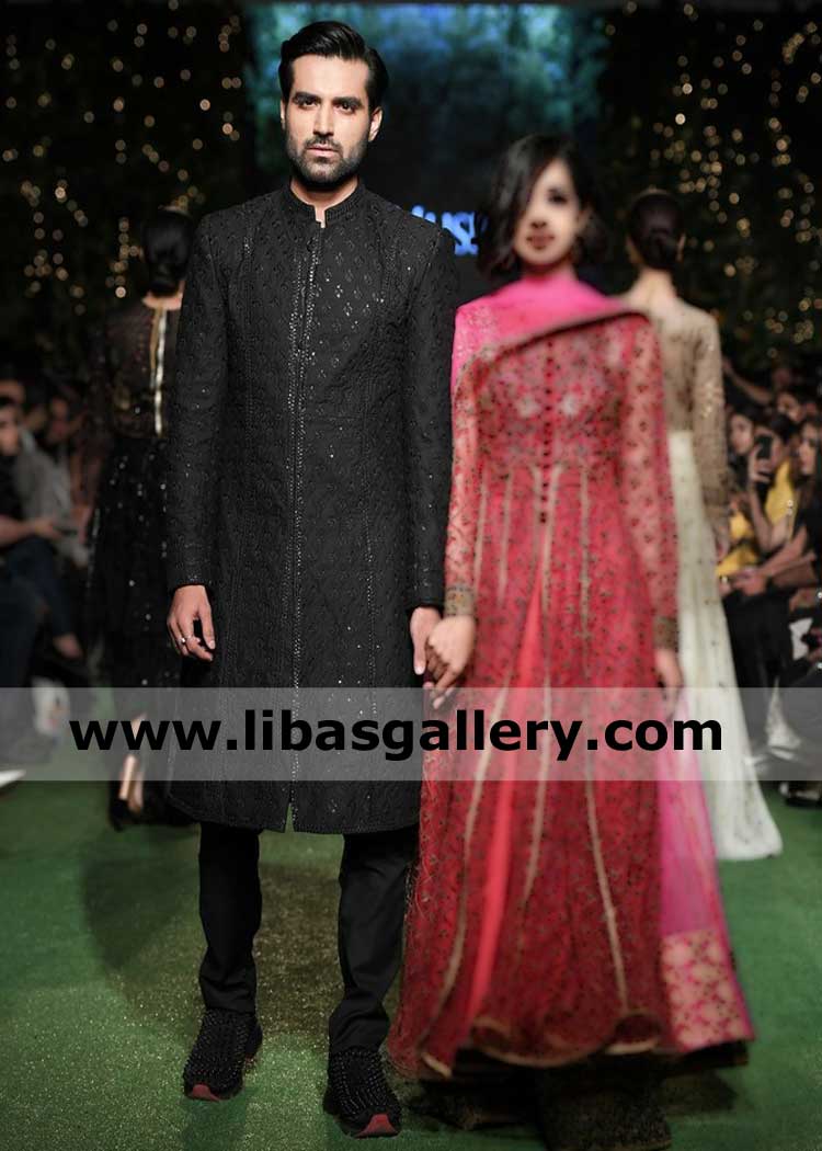 Black Embroidered Fashion Week Finale Men Wedding Sherwani for Nikah Barat paired with Inner Kurta and Trouser Bolton Stockport Brighton UK