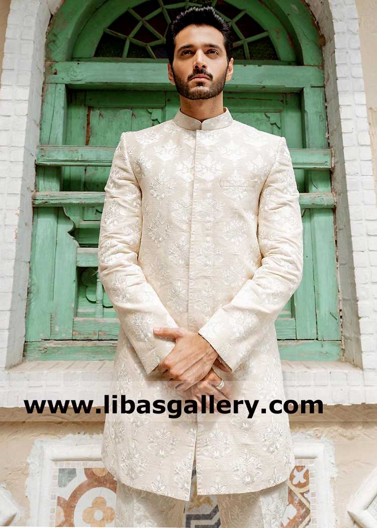 Pearl White Embroidered Men Wedding Sherwani Wahaj Ali wearing for Nikah Barat with Inner kurta Trouser Petersburg Hialeah Oklahoma City USA