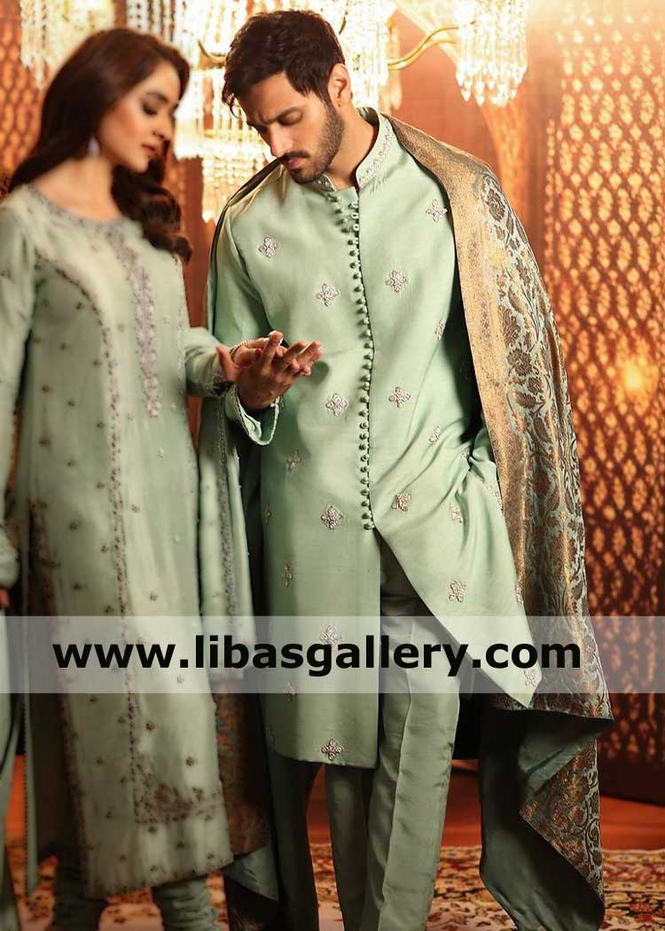 Pista Green Embroidered Celebrity Hamza Men Sherwani Suit for wedding in raw silk with loop buttons and matching inner suit UK USA Canada