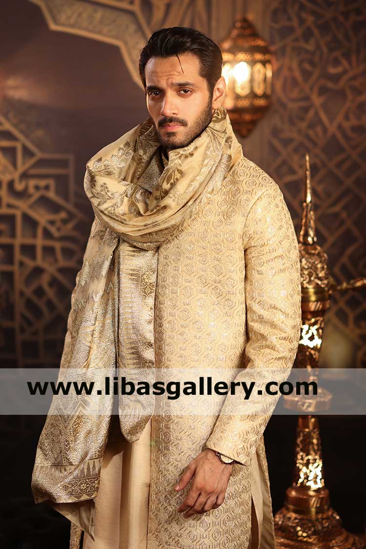 Gold Beige Raw Silk Regal Charming Men Wedding Sherwani Wahaj Ali Showing with Jamawar Shawl and Inner Kurta Pants Houston San Antonio Dallas USA