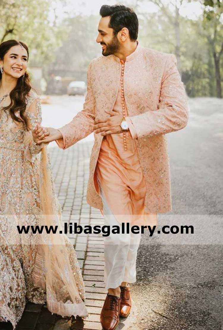 Men Embroidered Peach Pink Wedding Sherwani Wahaj Ali Loop Buttons matching Kurta White Pajama Nikah Wear Perth Sydney Brisbane Australia