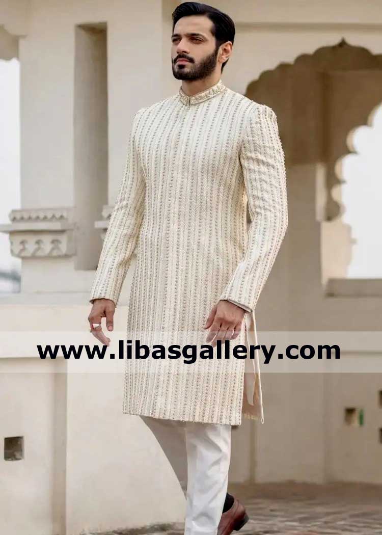 Men Off white Raw silk Embroidered Sherwani Agha of Mughal Era Wahaj Ali showing Wedding Sherwani for nikah barat Oklahoma City Houston Phoenix USA