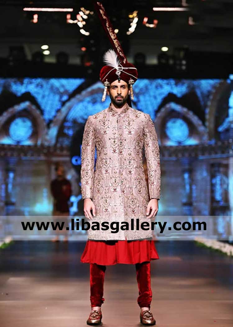 High Quality Men Jamawar Wedding Sherwani in Pale chestnut Color with Inner suit and Kulla on additional price Nikah Barat perth Sydney Brisbane Australia