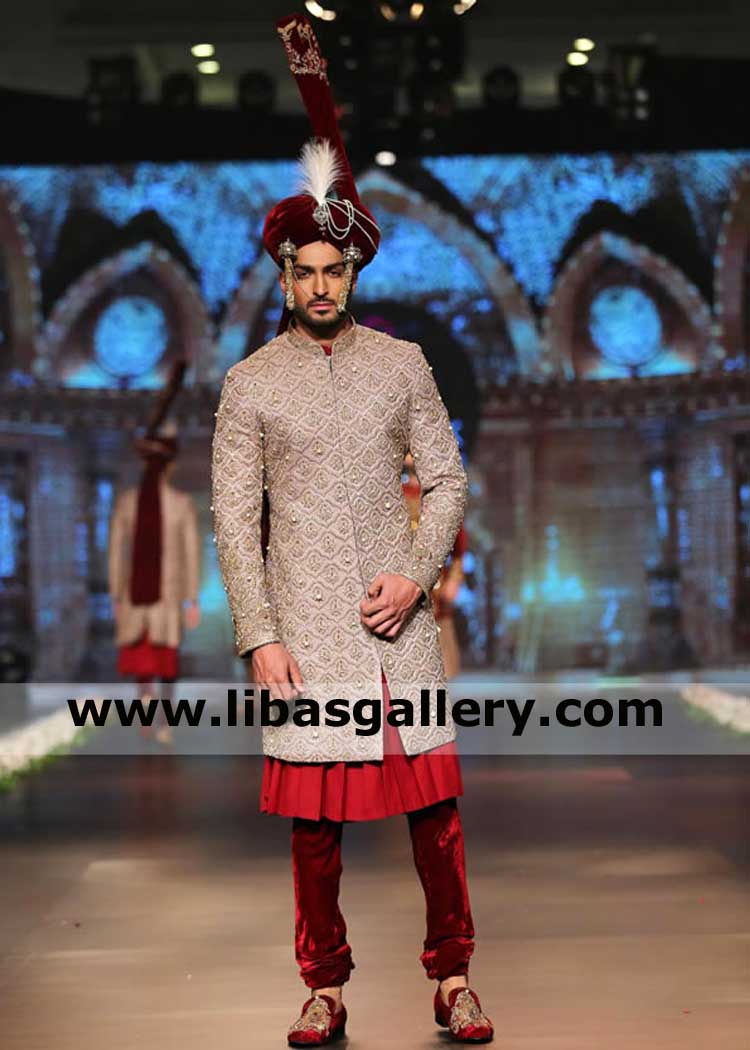 Latest Jamawar Men Sherwani Embroidered for Wedding in Rosy brown with big pearl decoration on front and sleeves Toronto Perth London Dubai