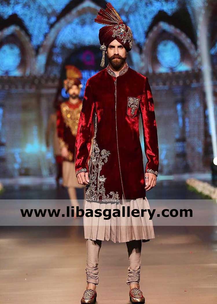 Maroon Velvet Wedding sherwani with embroidery on Front panel Collar Cuff and Pocket compliment with Anarkali kurta Churidar pajama Rockbourne Romford Romsey UK