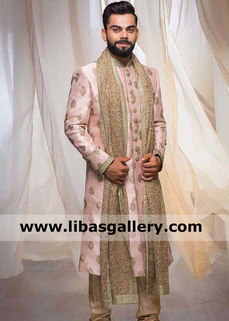 Men Embroidered Marriage Sherwani Dress in Pink Jamawar with Inner kurta and Churidar Pajama Newport Swansea Bradford UK