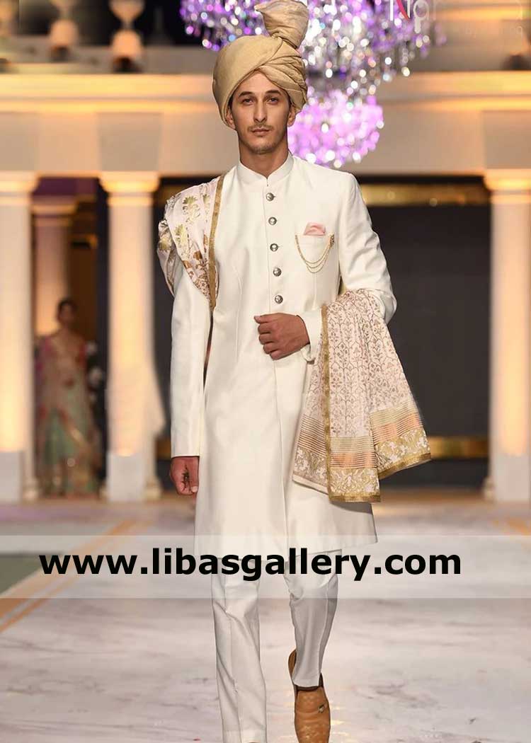 Jamawar Beautiful off white wedding sherwani dress for Groom Nikah barat excitement day with Inner suit Turban Shawl can be added on extra paying UK USA Canada