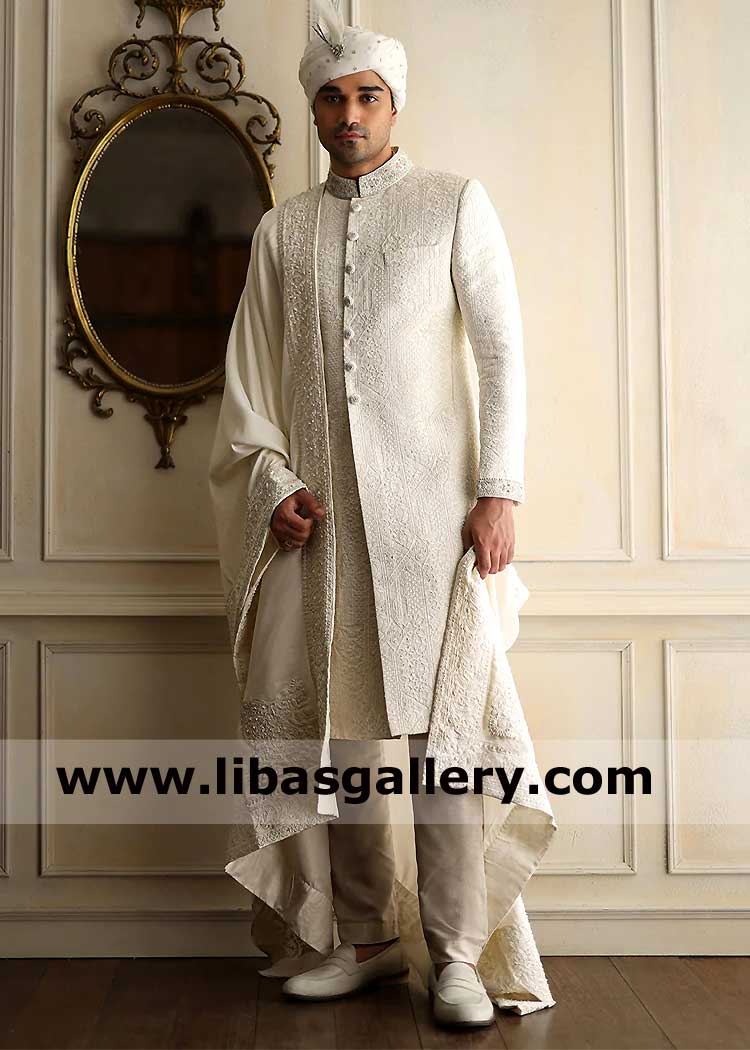 off-white self embroidered wedding sherwani suit for men Nikah Barat day along with Matching Embroidered Shawl and Turban and brooch Washington Georgia Chicago USA