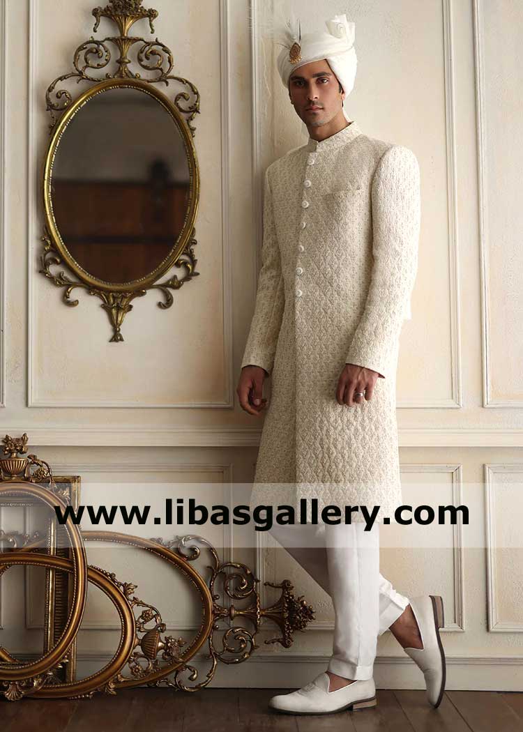 Off White Heavy Embroidered Men Marriage Sherwani Article for Nikah Barat happy day Saudi Arabia Qatar Dubai Kuwait