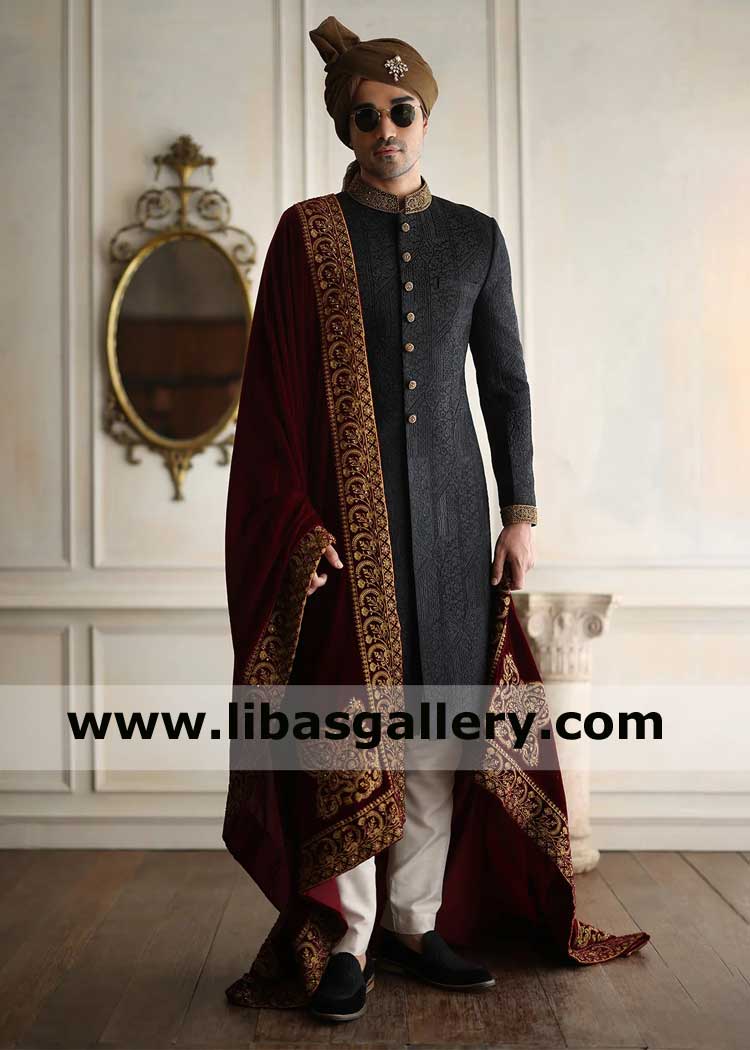 Black Self Embroidered Men Haute Couture Sherwani off white Inner Brown Turban with Kalgi and velvet Embroidered shawl Washington Toronto London Sydney Dubai