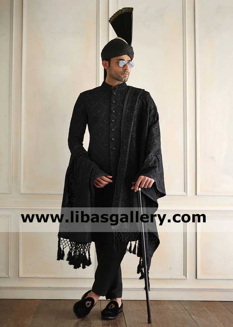 Exclusive Self Embroidered Pakistani Men Black Wedding Sherwani Article with Black Turban and Black Embroidered shawl Dubai Sharjah Abu dhabi Al Ain UAE