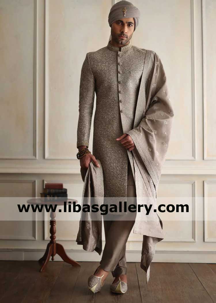 Grayish Brown Beautiful Men Embroidered Wedding Sherwani Article for Nikah Barat with matching Inner and Embroidered Groom Shawl Croydon Walsall Mansfield UK